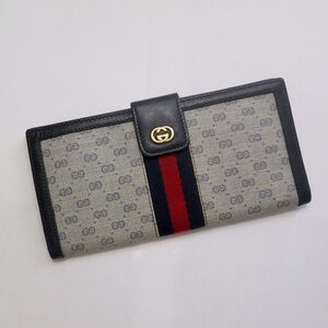 GUCCI Vintage Long Wallet Micro GG Coated Canvas and Navy Leather with Gucci Web